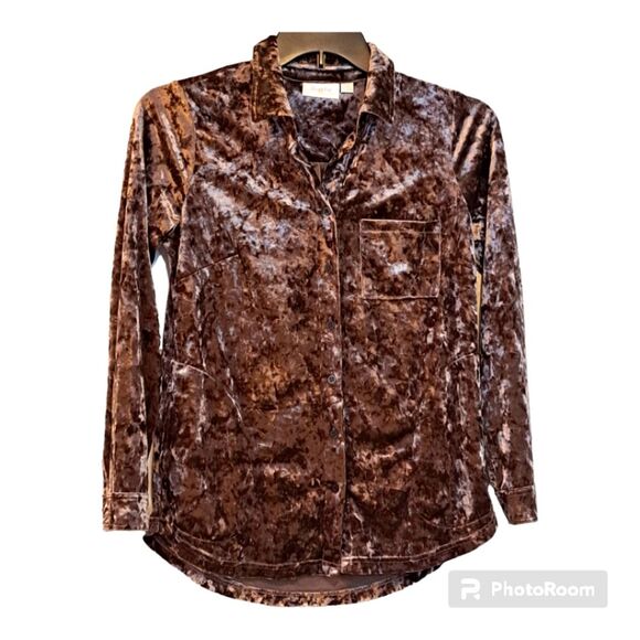 Brown Tan Crushed Velvet Button Down Blouse by Belle by Kim Gravel New Size XS - Picture 1 of 15